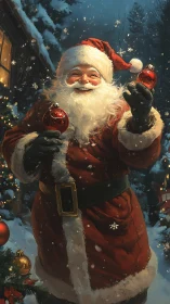 Smiling Santa holds red ornaments in snowy forest yard