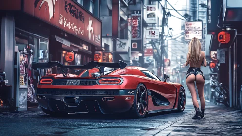 Neon city alley welcomes a sleek red supercar at night