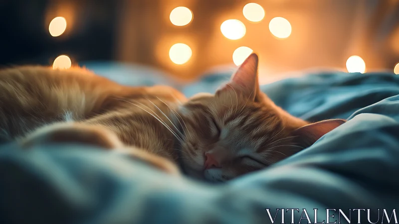 Sleeping Ginger Cat Resting on Blue Blanket with Warm Lights.
