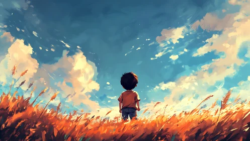 Digital painting of child in windswept golden field under sky.