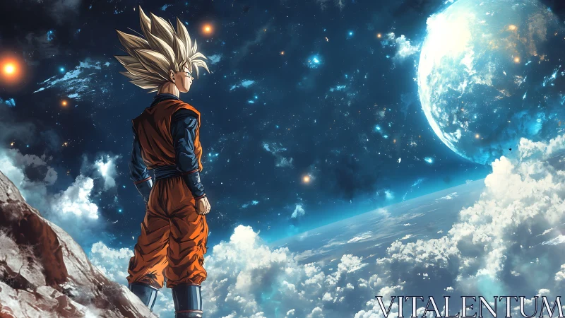 Saiyan warrior gazes over luminous cosmic horizon