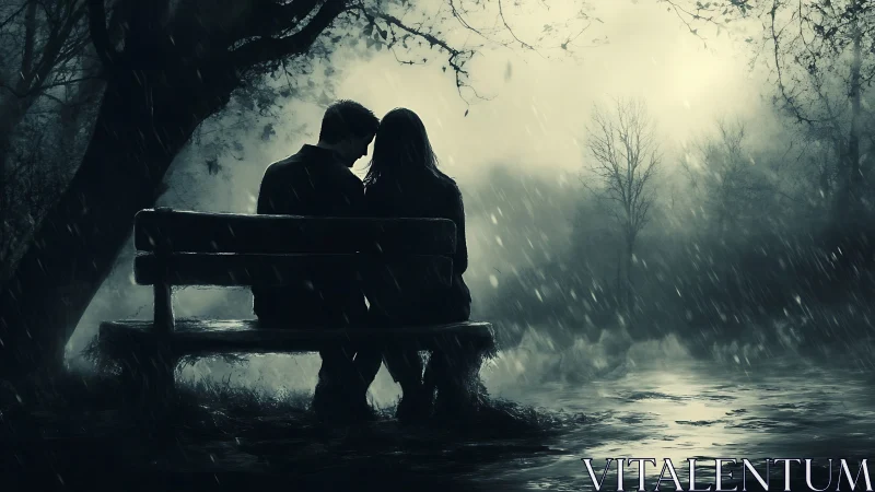 Silhouetted Couple in Torrential Rain on Bench amid Bare Forest.