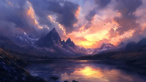 Sunlit peaks over still lake in a dreamy mountain valley.