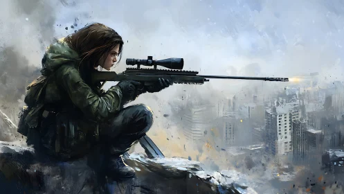 Sniper overlooking decimated cityscape from elevated position.