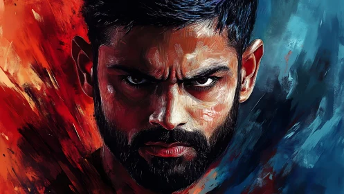 Intense male portrait with red and blue split background.