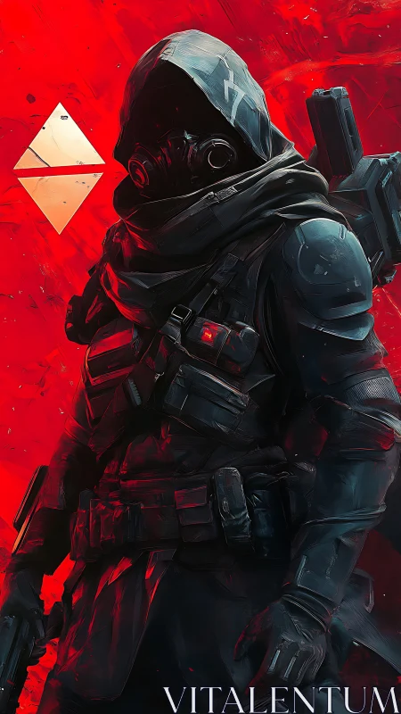 Hooded sci‑fi operative stands against searing red void.
