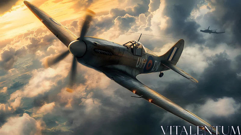 WWII fighter aircraft banks through stormlit sunset clouds