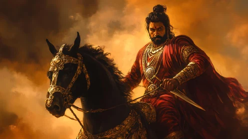 Warrior in red armor rides black horse through smoky light