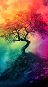 Digital painting of a chromatic wind-sculpted tree silhouette.