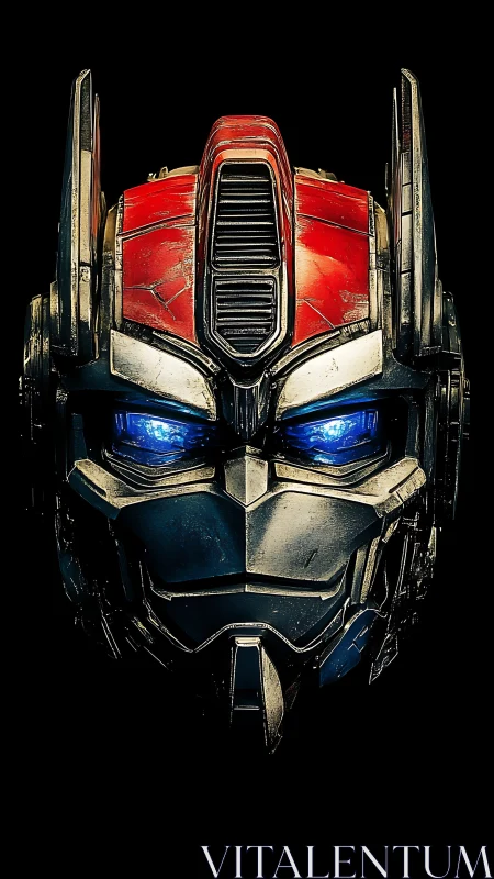 Symmetrical metallic mech helm with emissive blue optics.