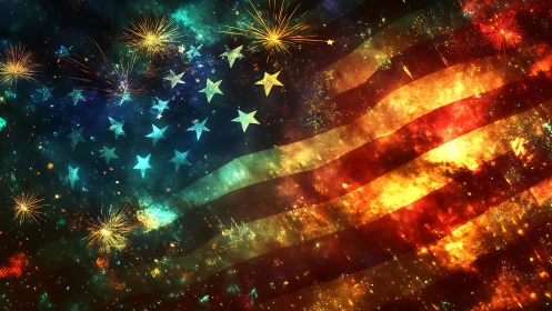 American flag in night sky with bright fireworks overlay.