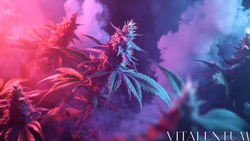 Cannabis colas glow under neon magenta cyan haze lighting.