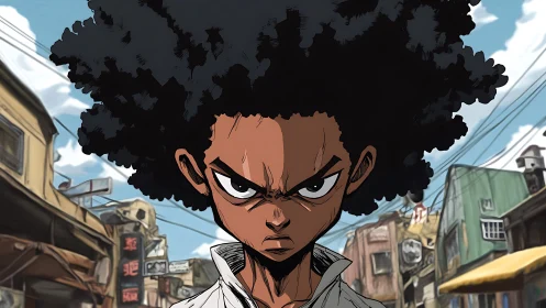 Determined anime boy with afro hair in urban street scene.