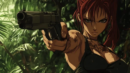 Armed redhead operative aiming handgun in dense jungle.