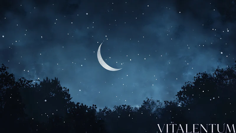 Slender crescent moon drifts quietly above whispering trees