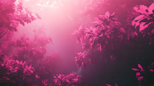 Dreamlit magenta forest drifting in luminous misted hush.