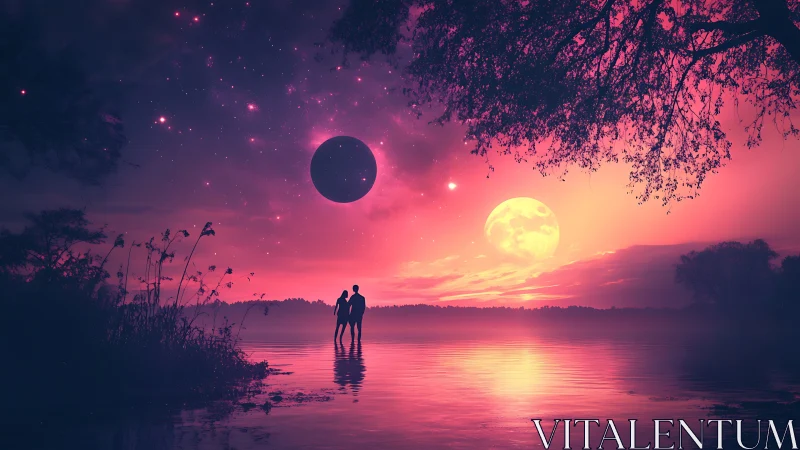 Dual Celestial Bodies Reflecting Across Crimson Lagoon with Silhouetted Observers.