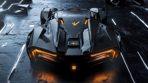 Low-slung angular hypercar with neon orange accent lighting