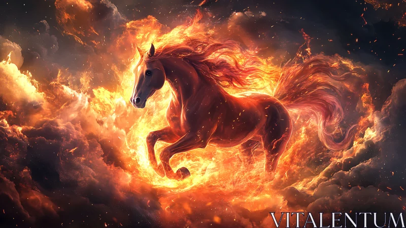 Fiery sky stallion racing through clouds of living flame.
