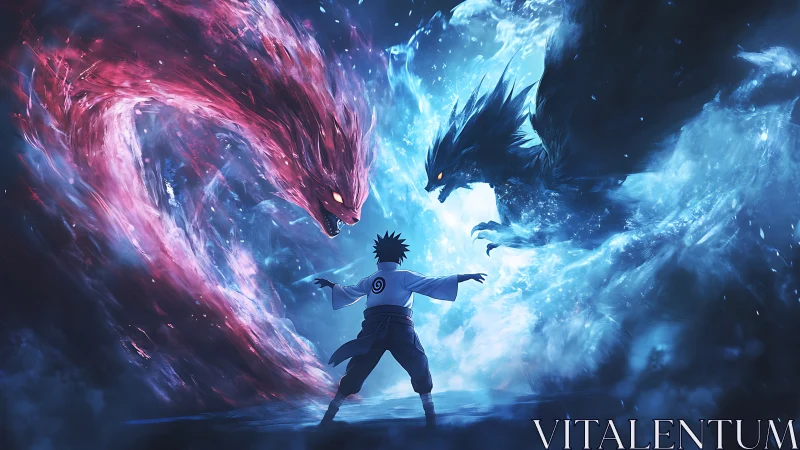 Elemental duel of crimson dragon and azure phoenix spirits.