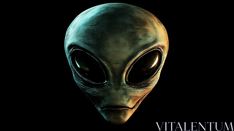 Curious alien face emerges softly from the quiet darkness