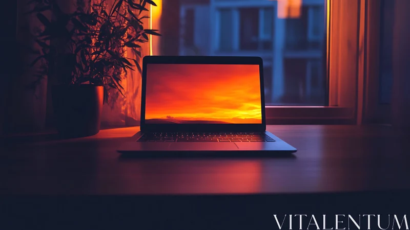 Glowing laptop at dusk on wooden desk beside window scene.