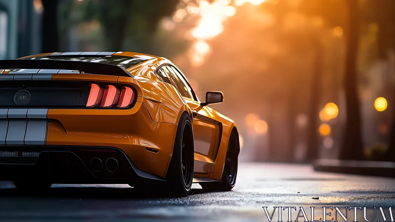 Orange sports coupe rendered in dramatic sunset bokeh lighting