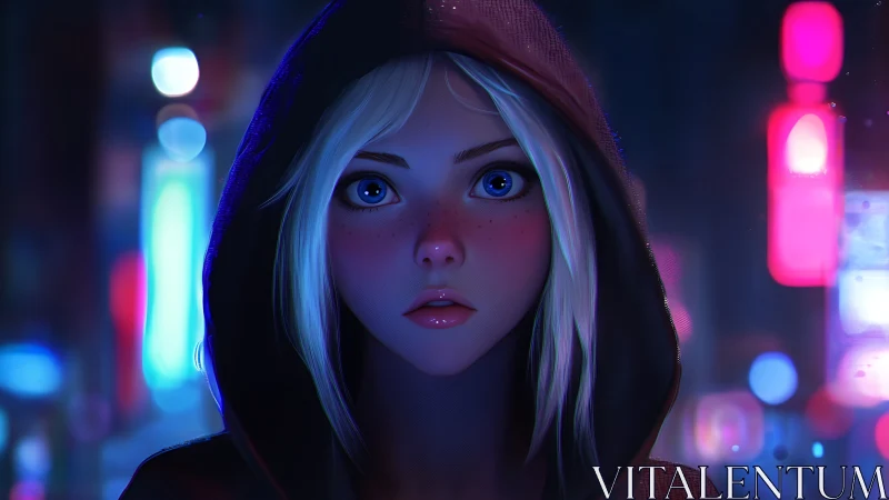 Soft-eyed night wanderer under neon city glow.