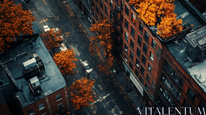 Autumn city street canyon with orange trees and rooftops.