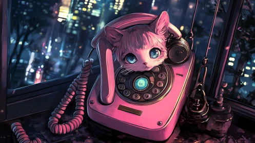 Blue eyed kitten rests inside a retro phone at neon dusk