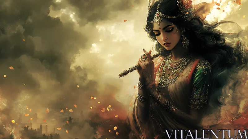 Divine flutist in swirling golden storm of petals and light.