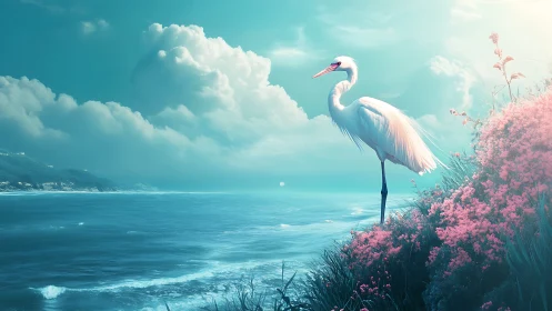 White egret overlooks turquoise sea beside pink bluff.