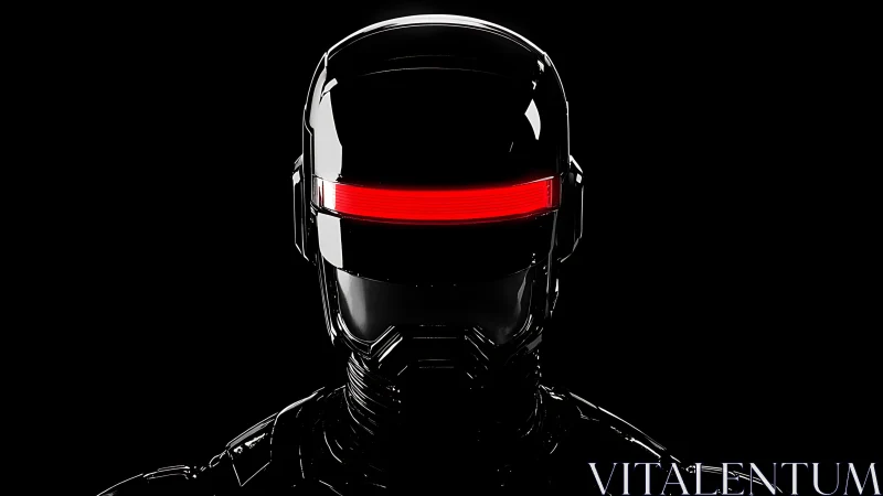Chrome cybernetic helmet glows with intense red visor light