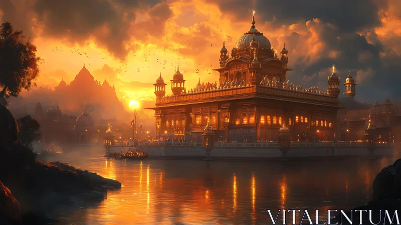 Golden riverside temple at sunset with dramatic sky reflection.