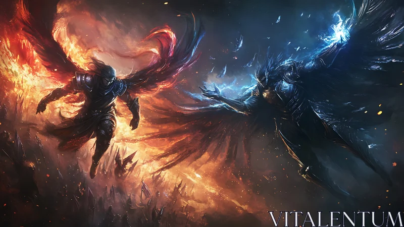 Armored winged warriors clash amid opposing fire and ice