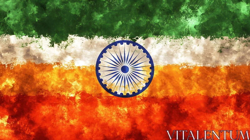Ashoka chakra blazing through textured Indian tricolor sky.