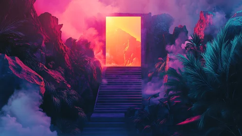 Neon jungle portal opens above misty stone staircase.