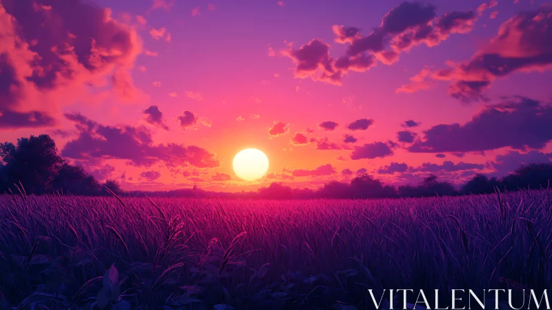 Vibrant purple field under bold orange sunset sky.