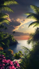 Parametric tropical cove at sunset with volumetric foliage rendering.