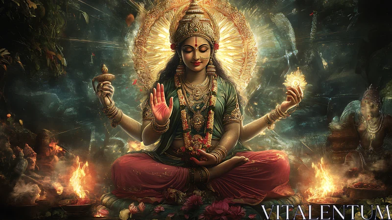 Hindu goddess seated in glowing divine forest shrine.