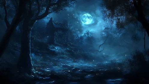 Moonlit haunted forest path frames an abandoned cabin in mist