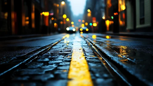 Rain-bright city street where cobblestones quietly glow.