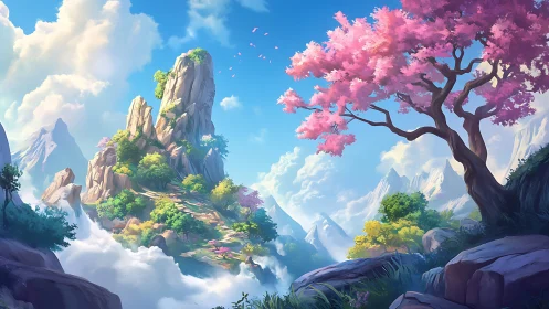 Blooming cherry tree overlooks sunlit fantasy mountain valley