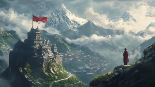 Digital painting of monastic fortress over misted alpine valley.