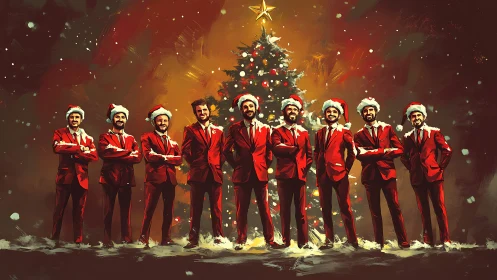 Festive men in red suits pose proudly before Christmas tree.