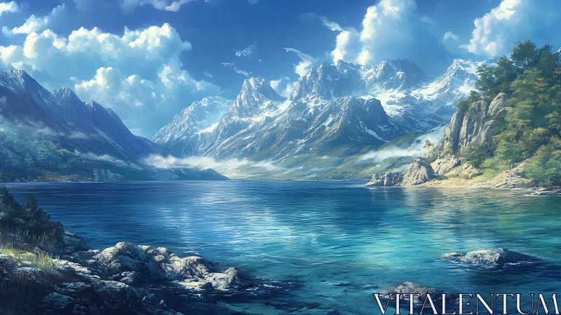 Mountain lake reflects snow peaks under clear blue sky