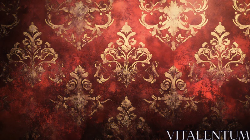 Golden damask dreams over weathered crimson glow.