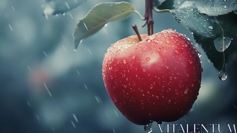 Rain-kissed crimson apple glows against a stormy orchard hush.