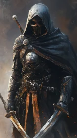Hooded death knight in scorched armor with twin swords.
