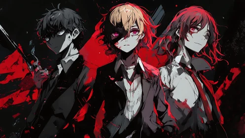 Three stylized figures in suits with red abstract splashes.
